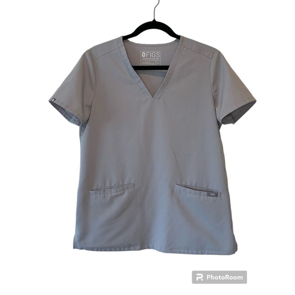 FIGS Scrub Top Womens Small Gray Short Sleeve V-Neck Fitted Stretch Pockets